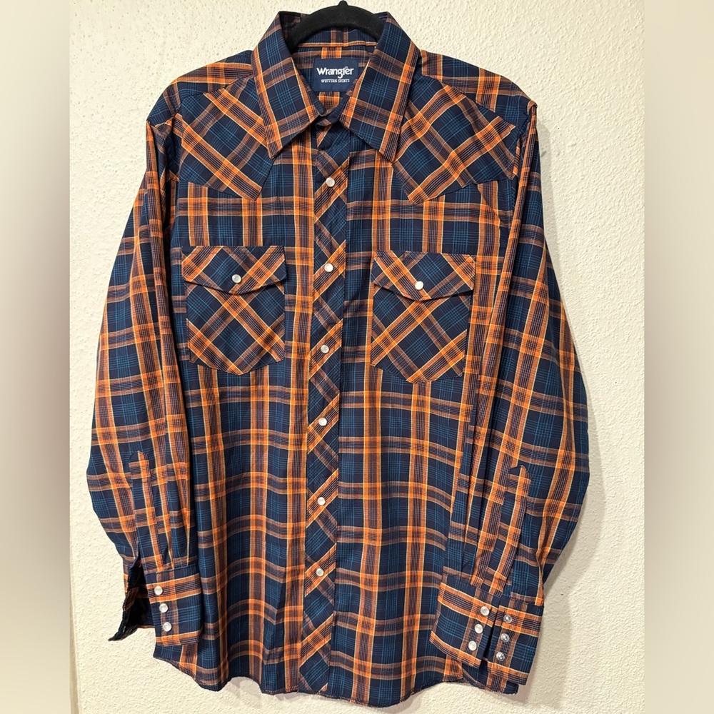 Wrangler Men's Orange and Blue Plaid Shirt